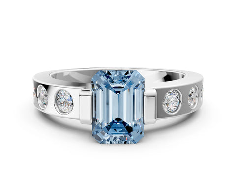 White gold Fancy Blue Emerald Cut Brilliant Channel-Set Diamond Ring with Bezel Prong Setting_12