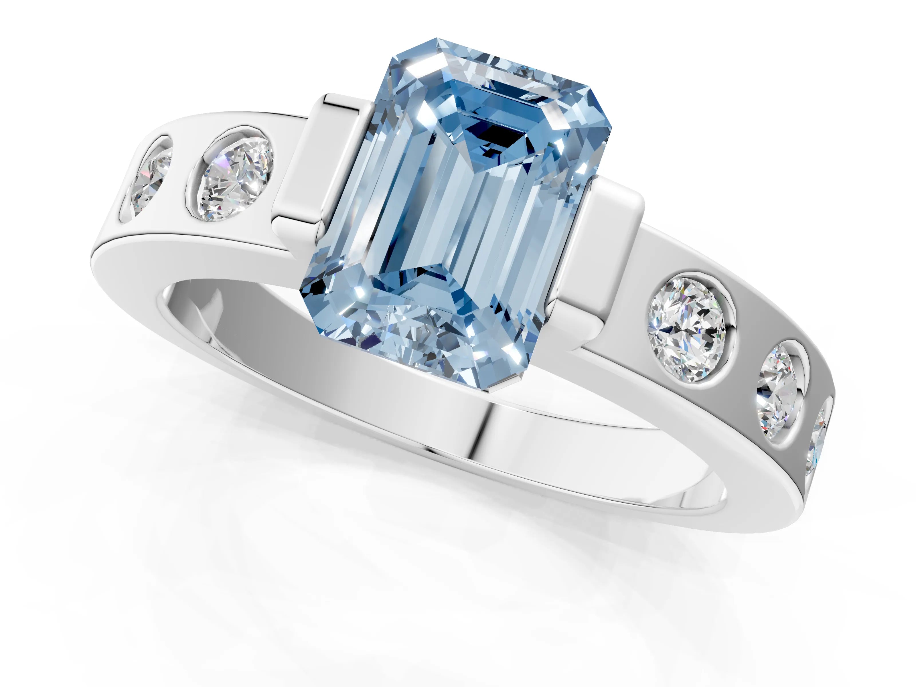 White gold Fancy Blue Emerald Cut Brilliant Channel-Set Diamond Ring with Bezel Prong Setting_13