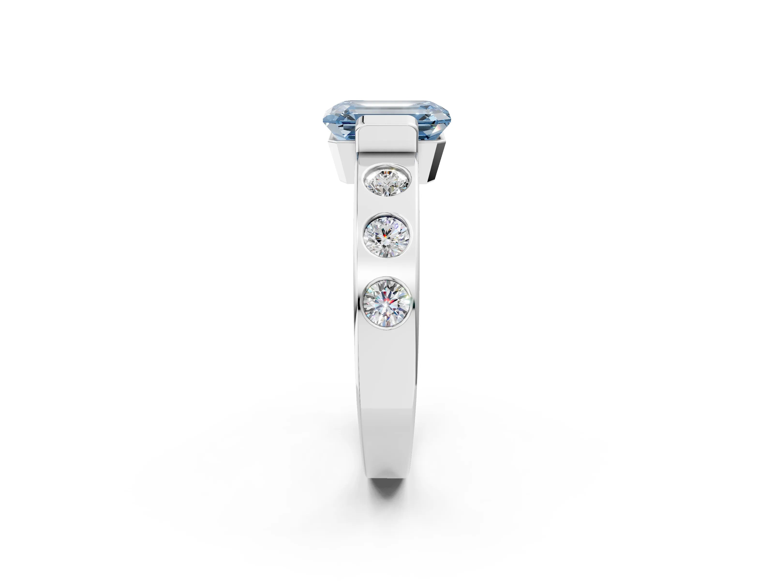 White gold Fancy Blue Emerald Cut Brilliant Channel-Set Diamond Ring with Bezel Prong Setting_14