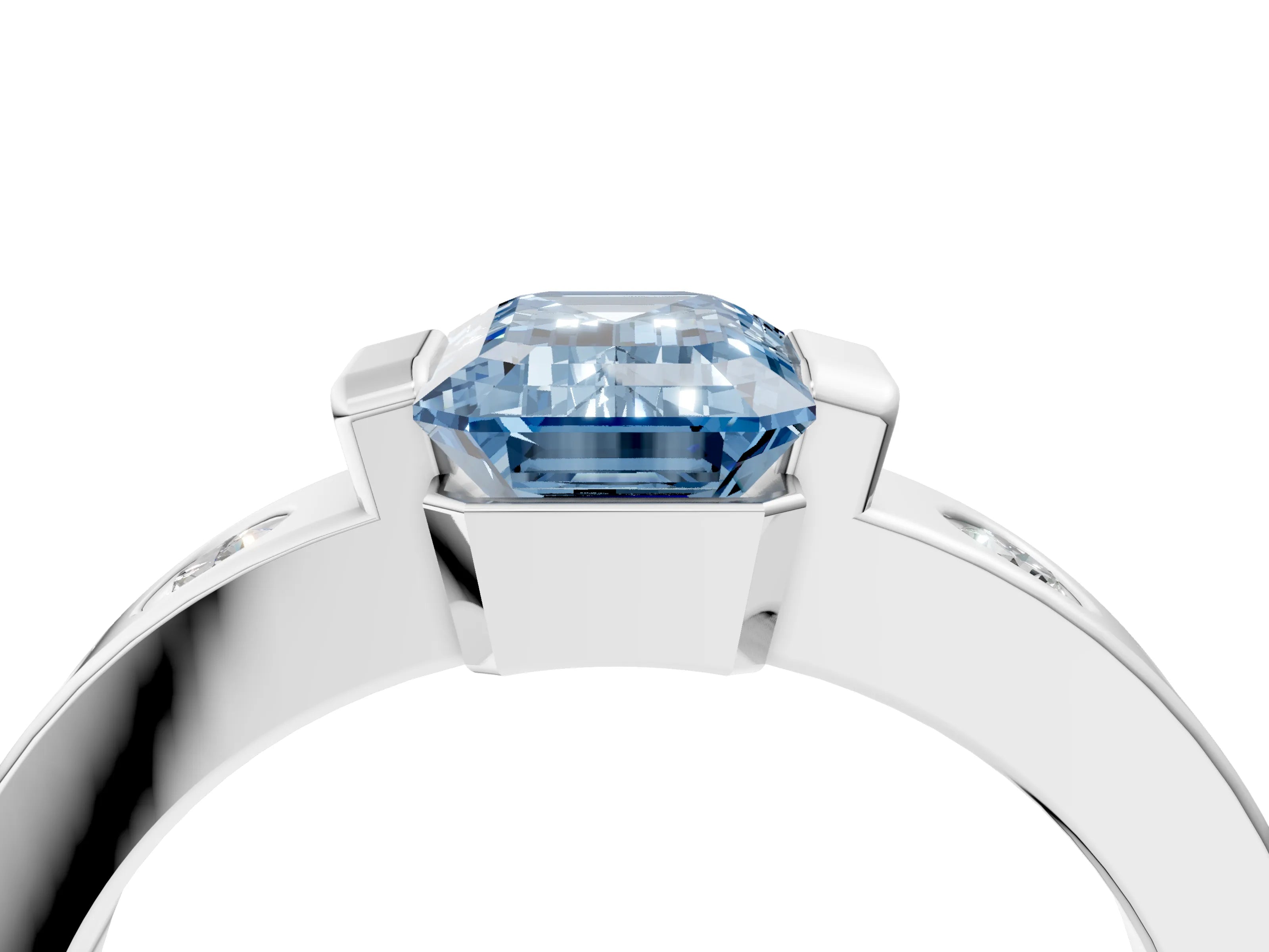 White gold Fancy Blue Emerald Cut Brilliant Channel-Set Diamond Ring with Bezel Prong Setting_16