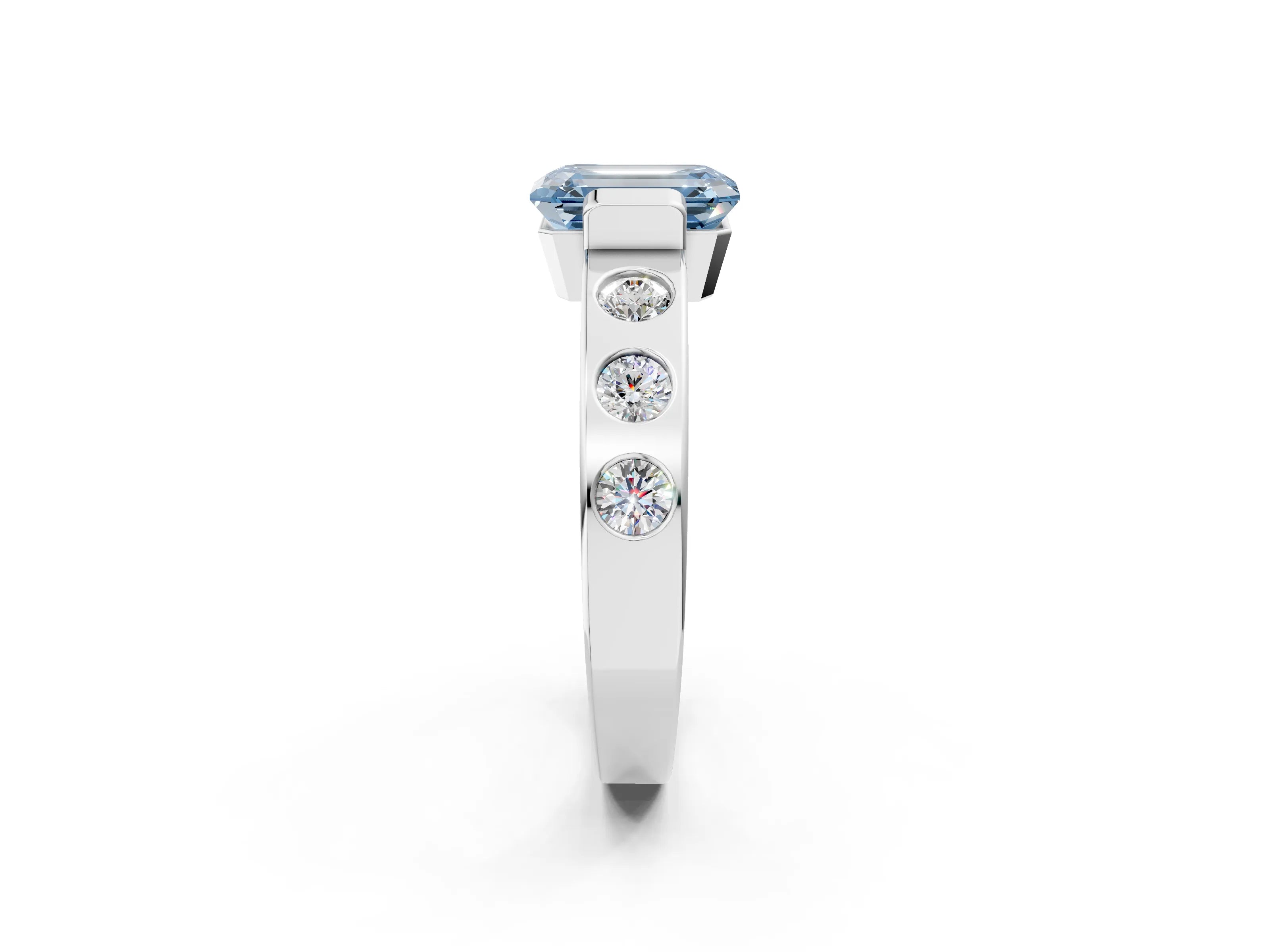 White gold Fancy Blue Emerald Cut Brilliant Channel-Set Diamond Ring with Bezel Prong Setting_2