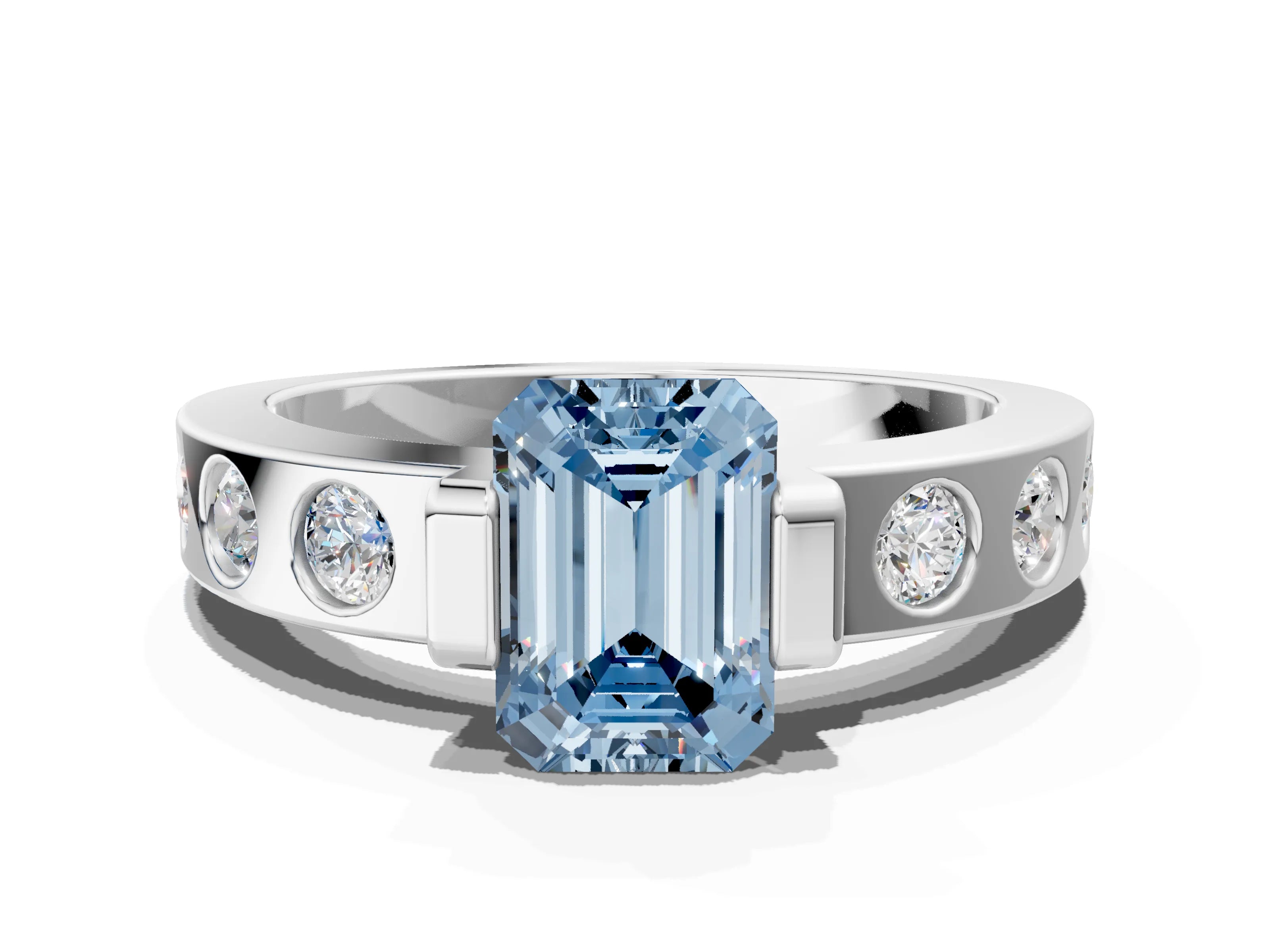 White gold Fancy Blue Emerald Cut Brilliant Channel-Set Diamond Ring with Bezel Prong Setting
