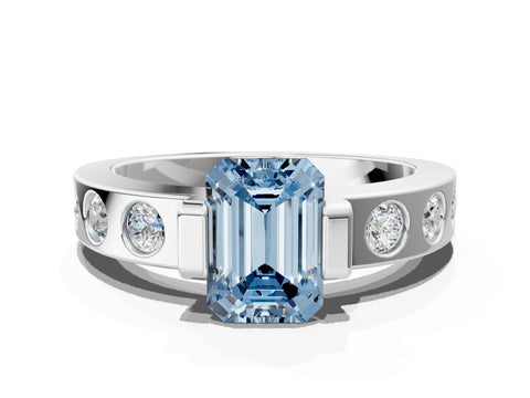 White gold Fancy Blue Emerald Cut Brilliant Channel-Set Diamond Ring with Bezel Prong Setting