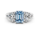 White gold Fancy Blue Emerald Cut Brilliant Diamond Cluster Accent Solitaire Ring with Prong Setting