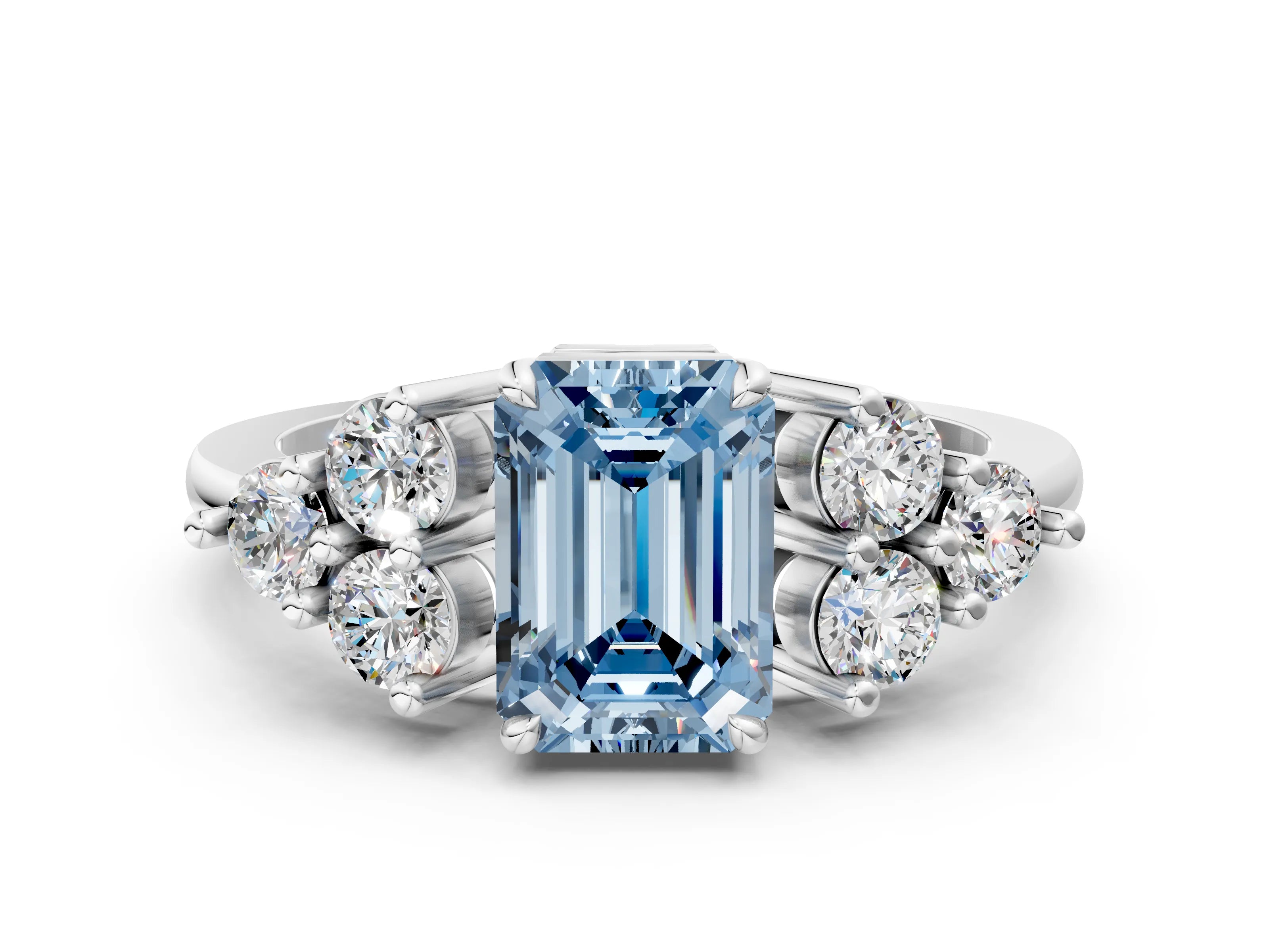 White gold Fancy Blue Emerald Cut Brilliant Diamond Cluster Accent Solitaire Ring with Prong Setting
