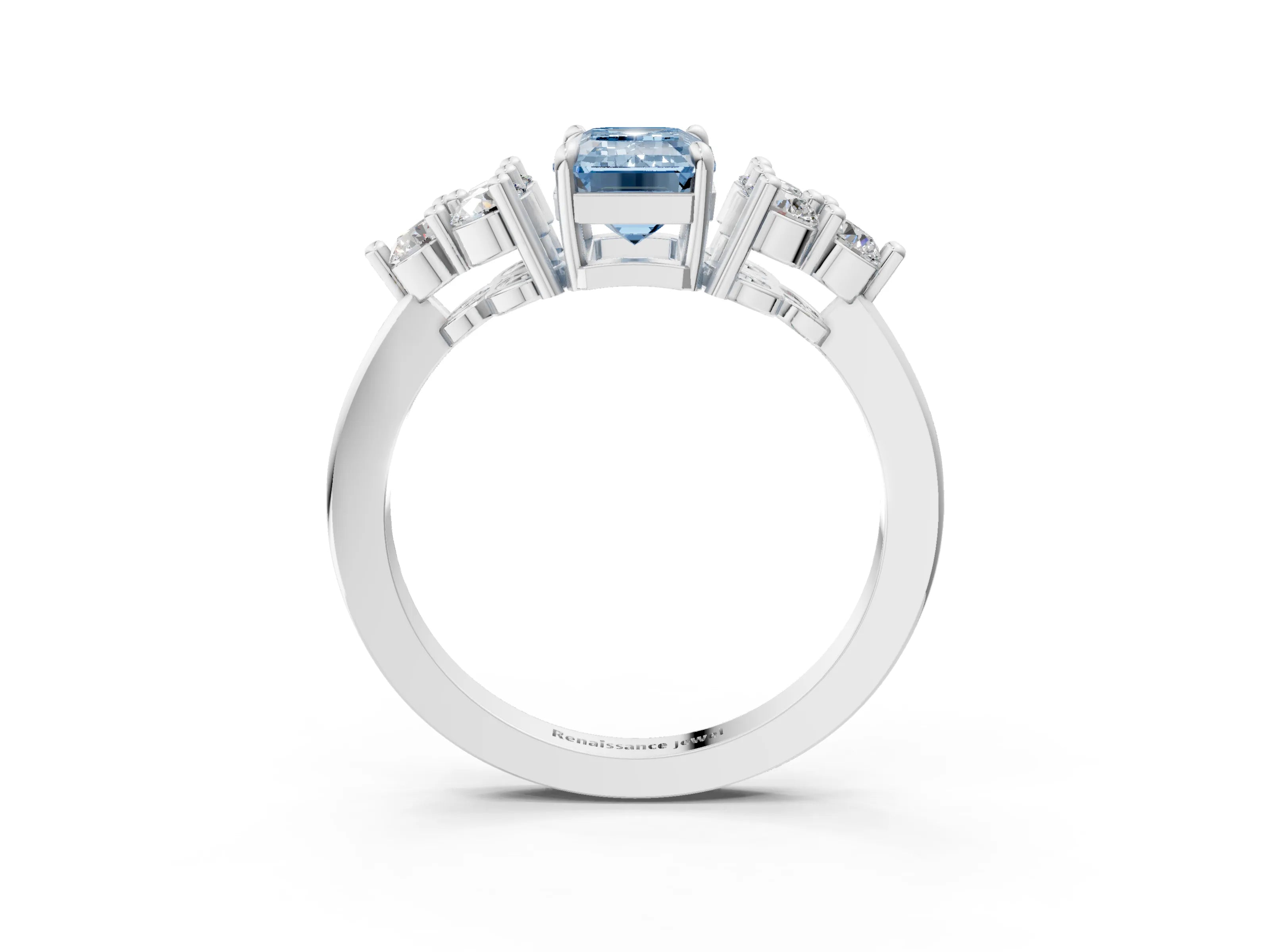 White gold Fancy Blue Emerald Cut Brilliant Diamond Cluster Accent Solitaire Ring with Prong Setting_21