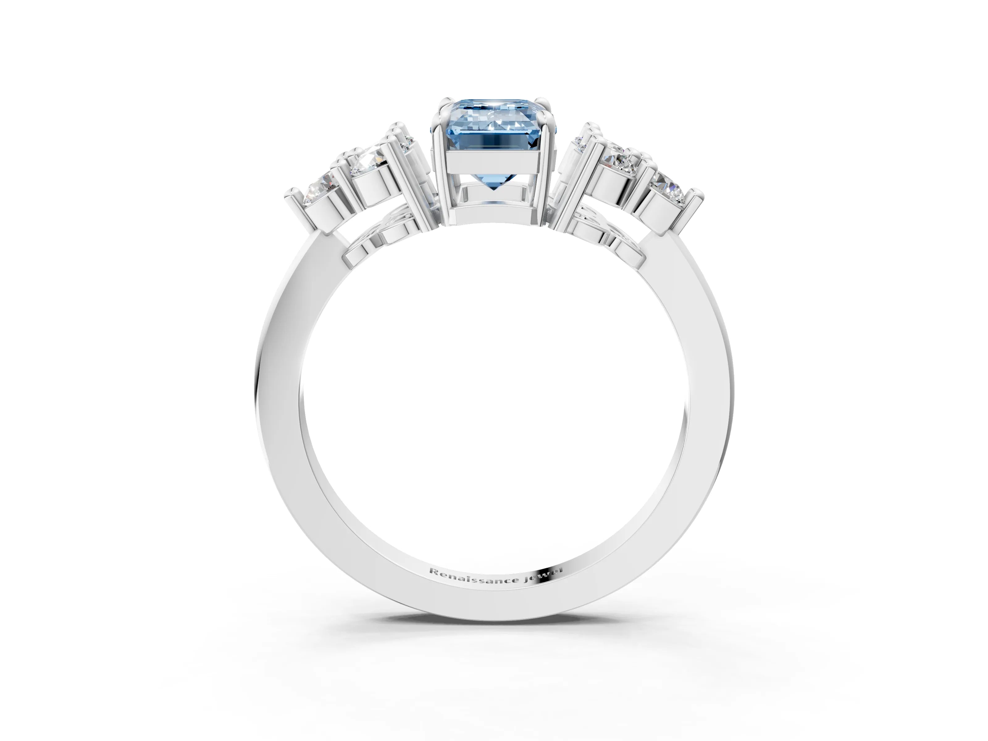 White gold Fancy Blue Emerald Cut Brilliant Diamond Cluster Accent Solitaire Ring with Prong Setting_27