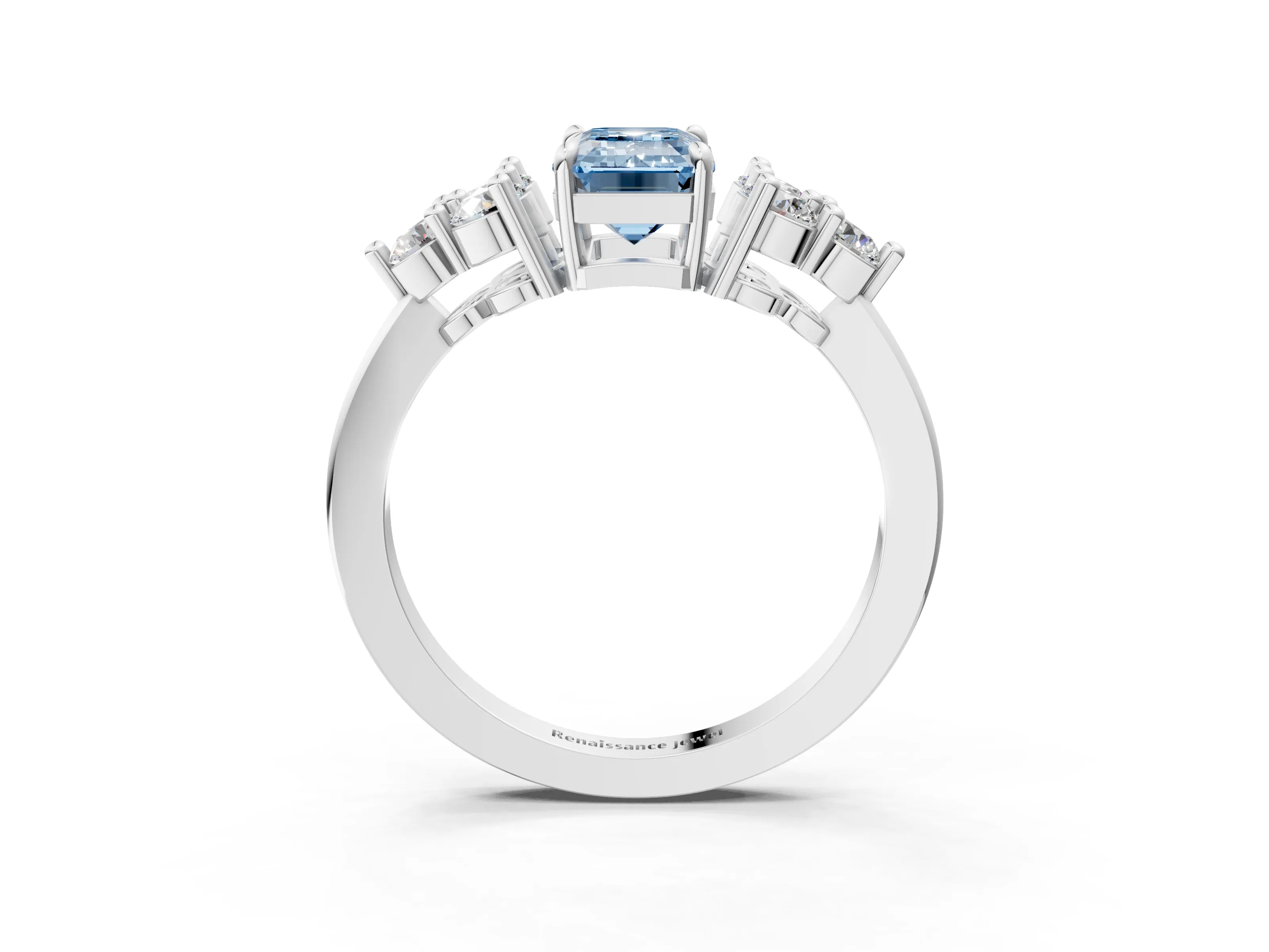 White gold Fancy Blue Emerald Cut Brilliant Diamond Cluster Accent Solitaire Ring with Prong Setting_3