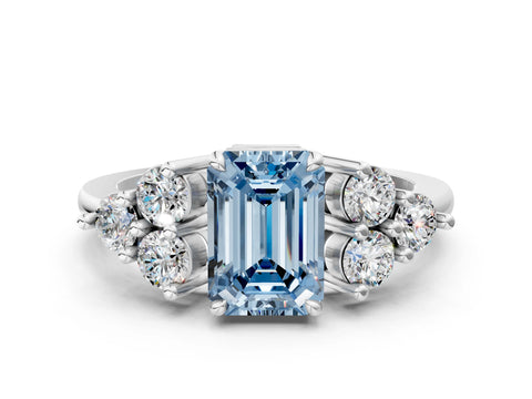 White gold Fancy Blue Emerald Cut Brilliant Diamond Cluster Accent Solitaire Ring with Prong Setting_30
