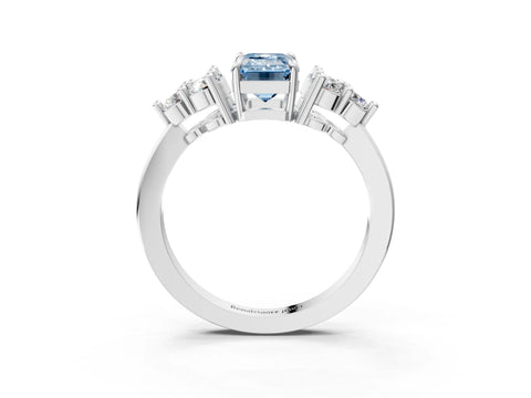 White gold Fancy Blue Emerald Cut Brilliant Diamond Cluster Accent Solitaire Ring with Prong Setting_3