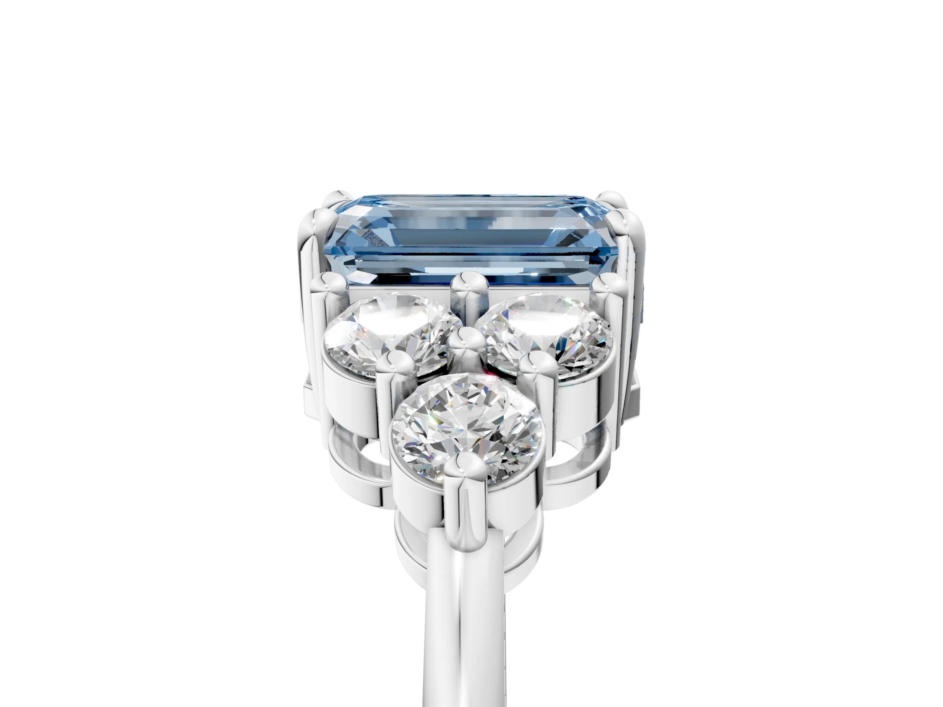 White gold Fancy Blue Emerald Cut Brilliant Diamond Cluster Accent Solitaire Ring with Prong Setting_5