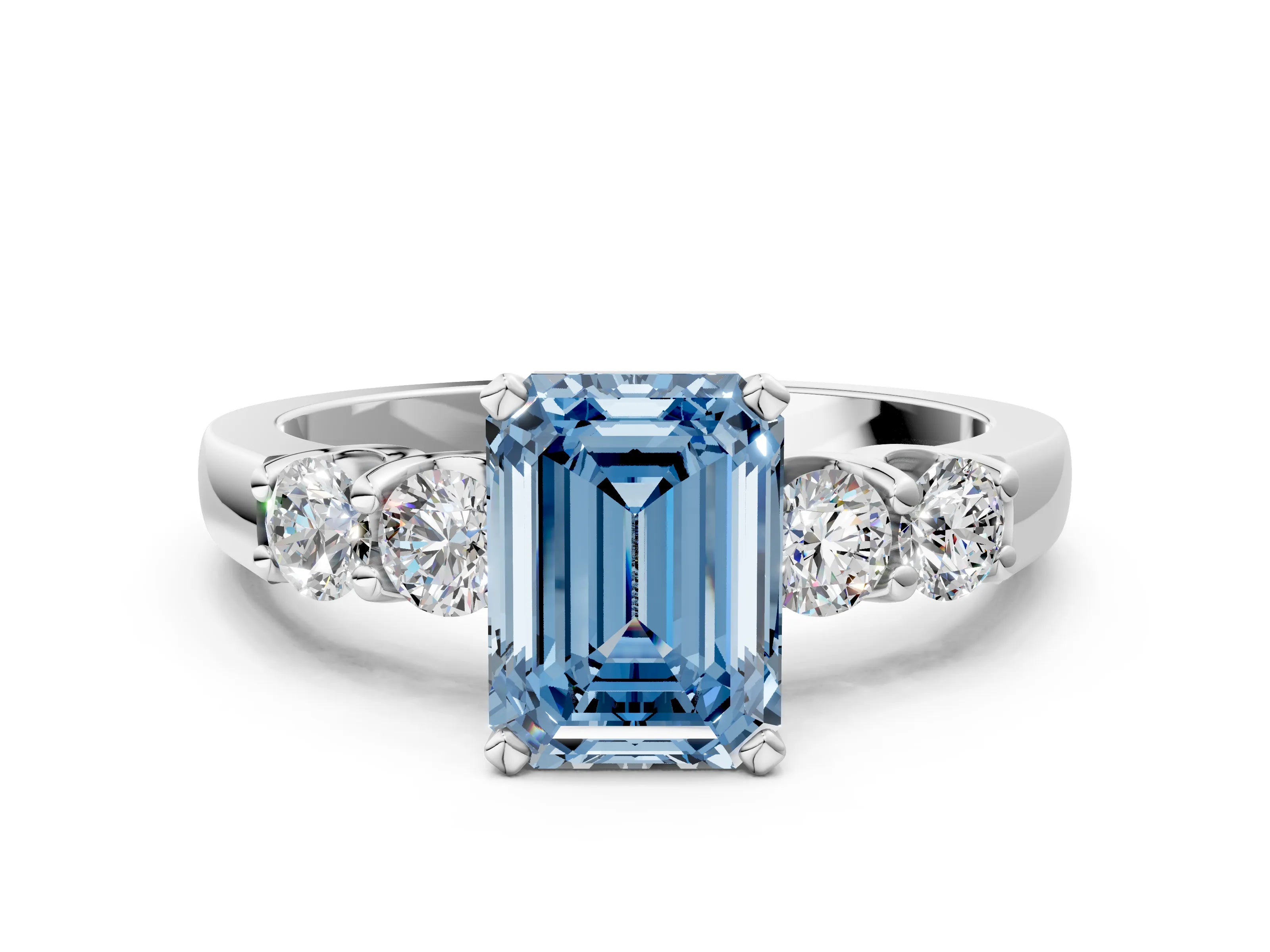 White gold Fancy Blue Emerald Cut Brilliant Diamond Five-Stone Engagement Ring with Prong Setting on a Classic Band_3