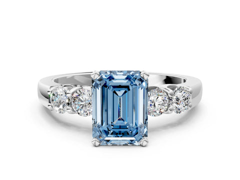 White gold Fancy Blue Emerald Cut Brilliant Diamond Five-Stone Engagement Ring with Prong Setting on a Classic Band_3