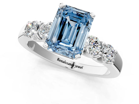 White gold Fancy Blue Emerald Cut Brilliant Diamond Five-Stone Engagement Ring with Prong Setting on a Classic Band_4
