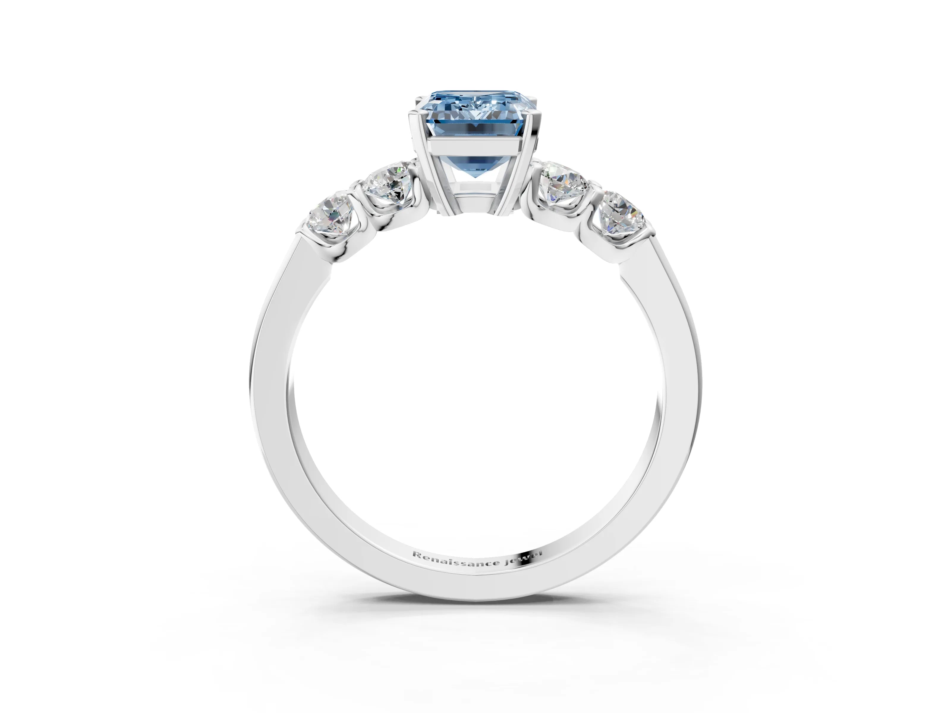 White gold Fancy Blue Emerald Cut Brilliant Diamond Five-Stone Engagement Ring with Prong Setting on a Classic Band_6