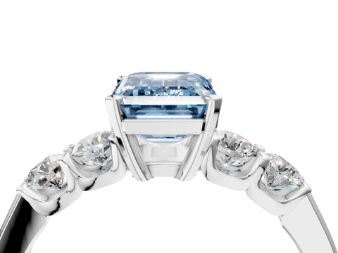 White gold Fancy Blue Emerald Cut Brilliant Diamond Five-Stone Engagement Ring with Prong Setting on a Classic Band_7