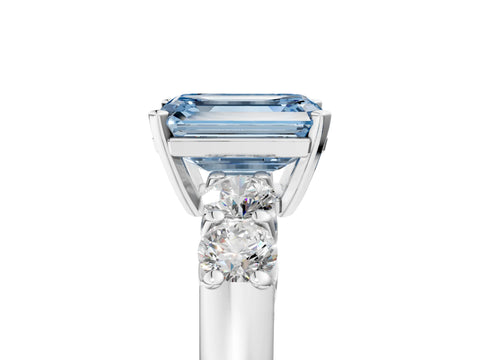 White gold Fancy Blue Emerald Cut Brilliant Diamond Five-Stone Engagement Ring with Prong Setting on a Classic Band_8