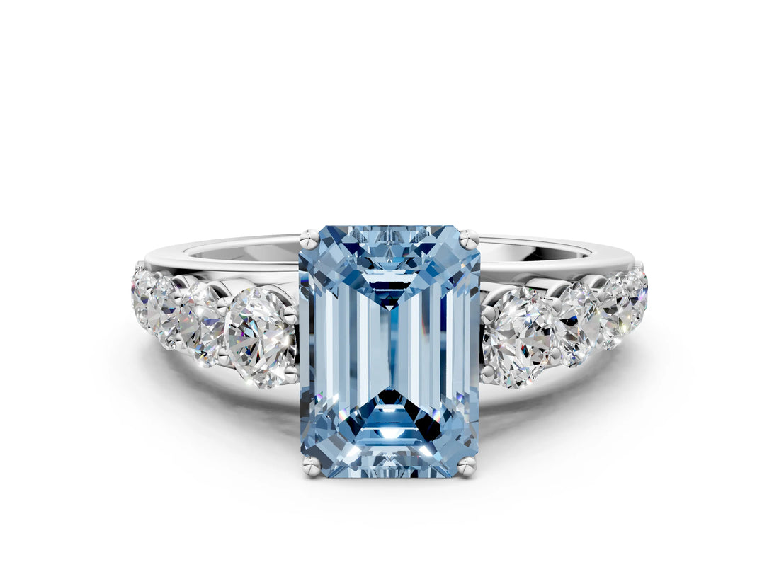 White gold Fancy Blue Emerald Cut Brilliant Diamond Pavé Band with Six-Prong Setting_12