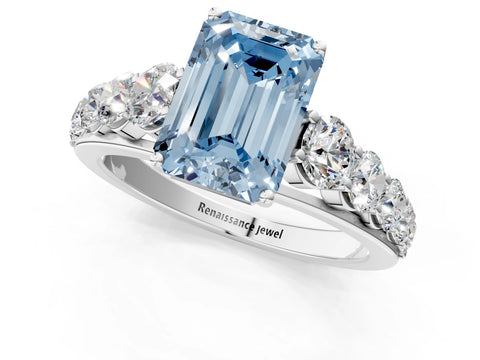 White gold Fancy Blue Emerald Cut Brilliant Diamond Pavé Band with Six-Prong Setting_1
