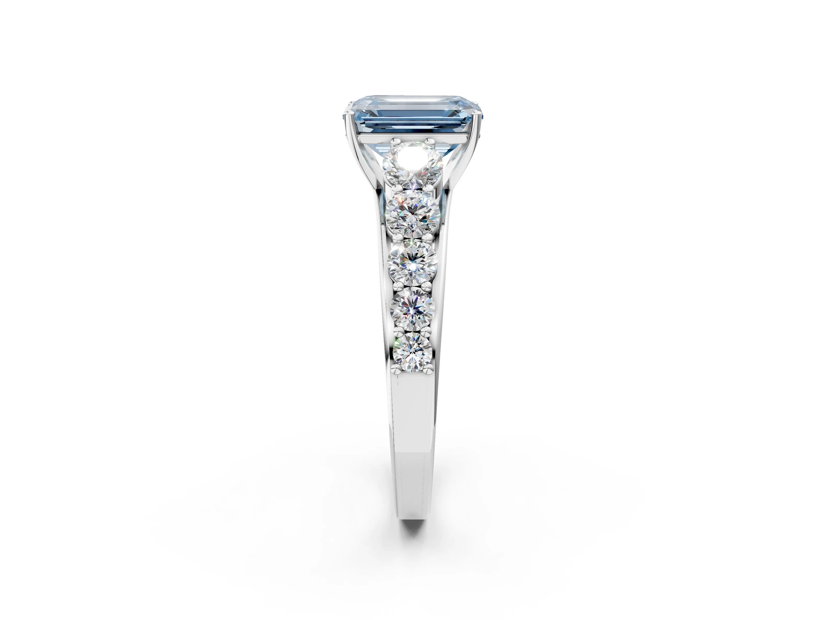White gold Fancy Blue Emerald Cut Brilliant Diamond Pavé Band with Six-Prong Setting_2