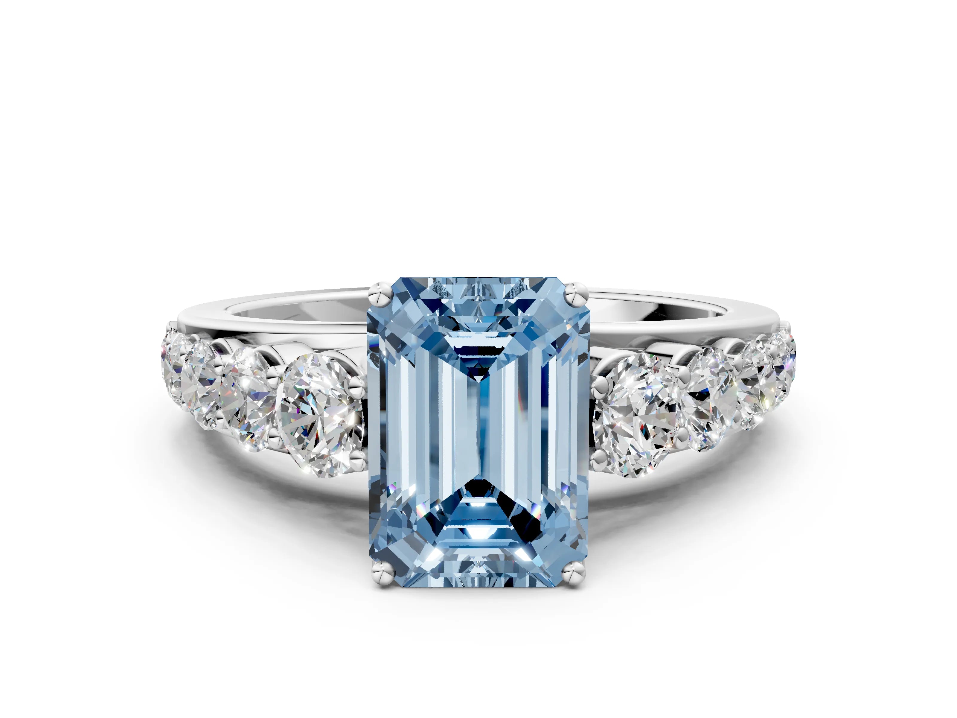 White gold Fancy Blue Emerald Cut Brilliant Diamond Pavé Band with Six-Prong Setting