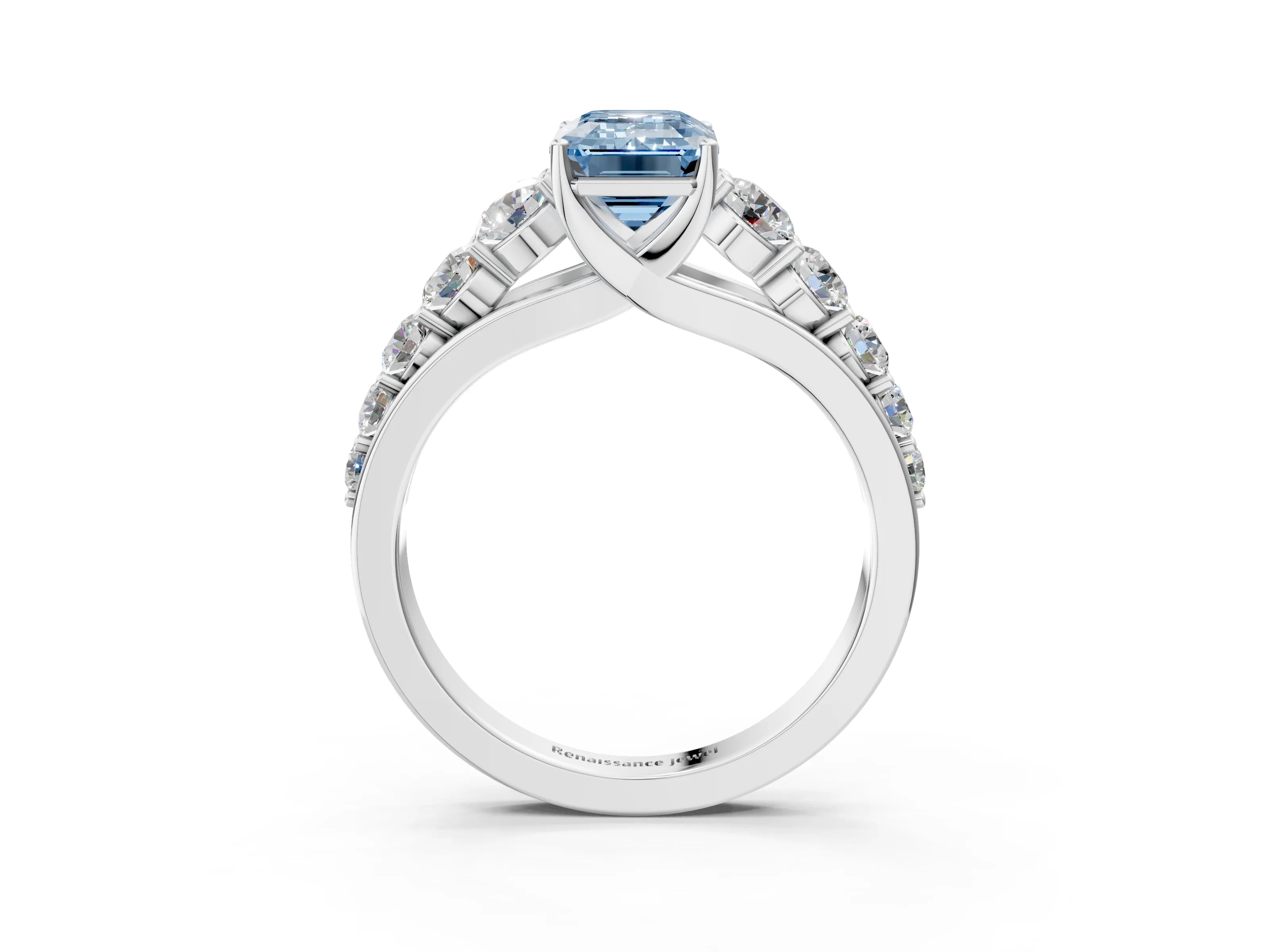 White gold Fancy Blue Emerald Cut Brilliant Diamond Pavé Band with Six-Prong Setting_3