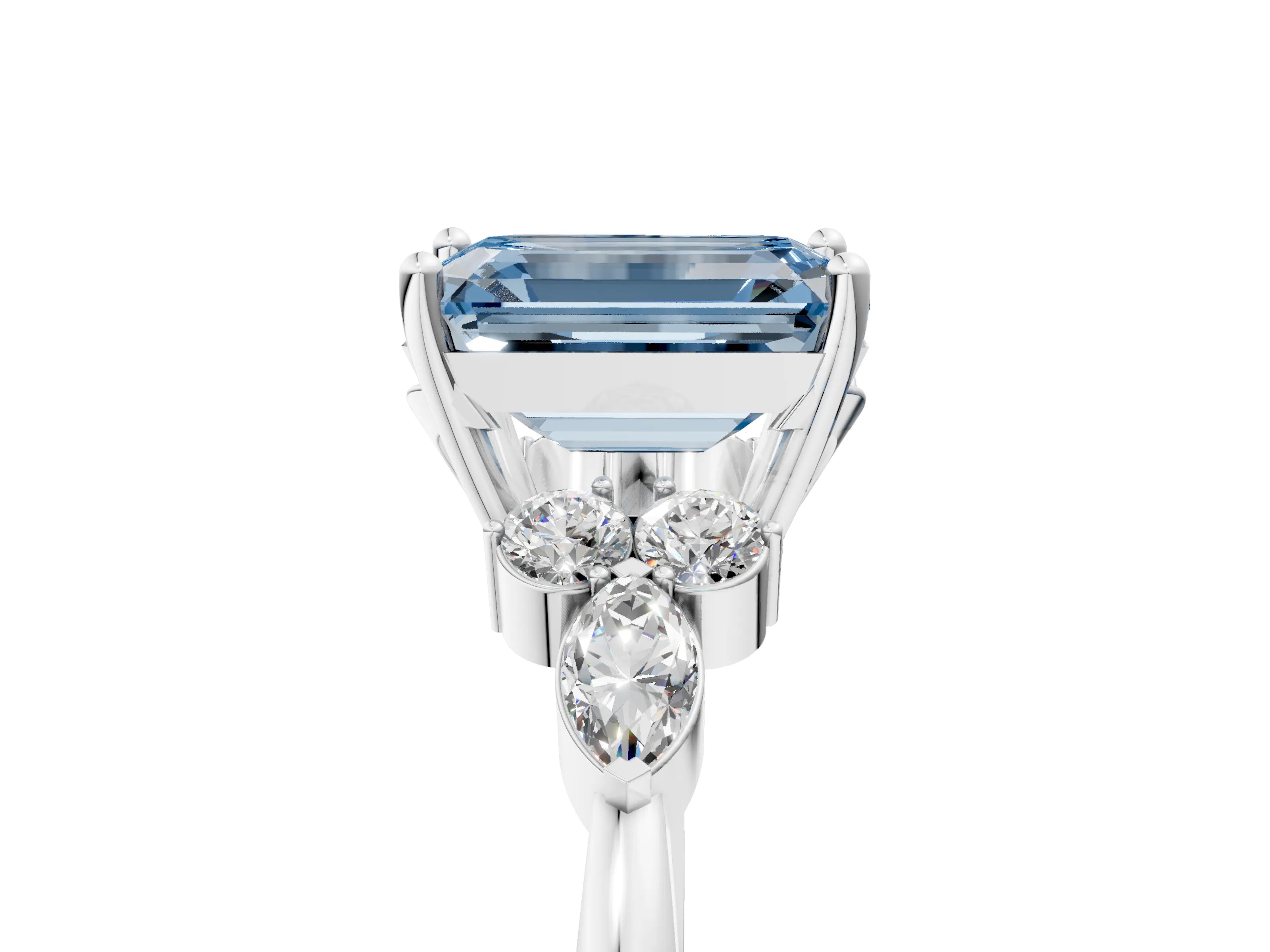 White gold Fancy Blue Emerald Cut Brilliant Diamond Solitaire Ring with Pear Side Stones and Four-Prong Setting_11