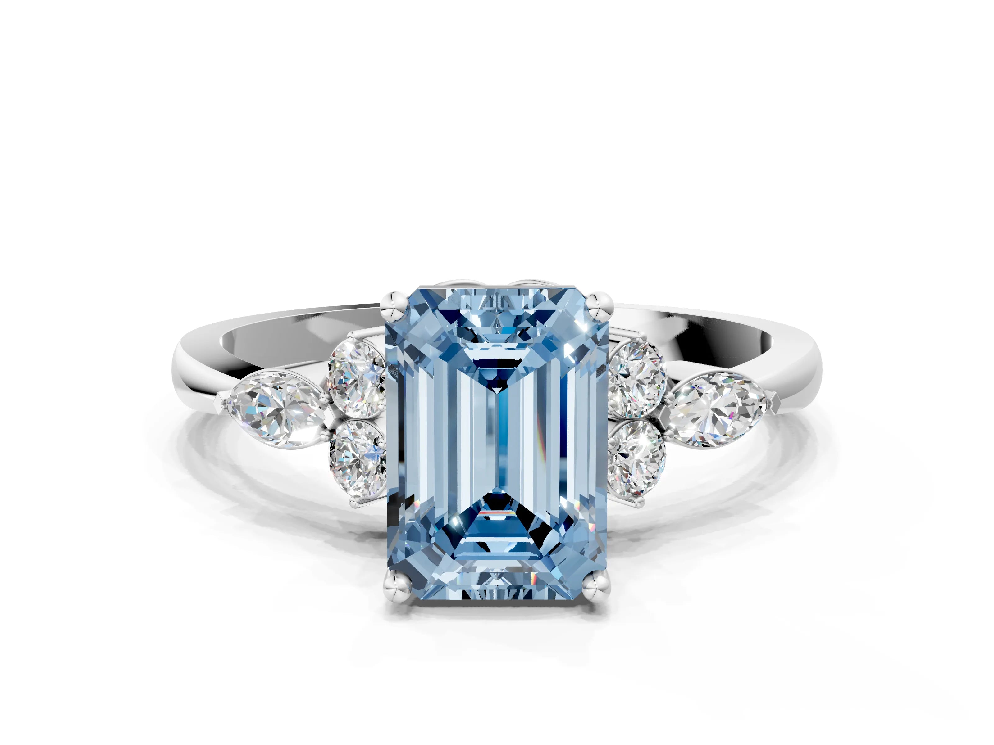 White gold Fancy Blue Emerald Cut Brilliant Diamond Solitaire Ring with Pear Side Stones and Four-Prong Setting_18