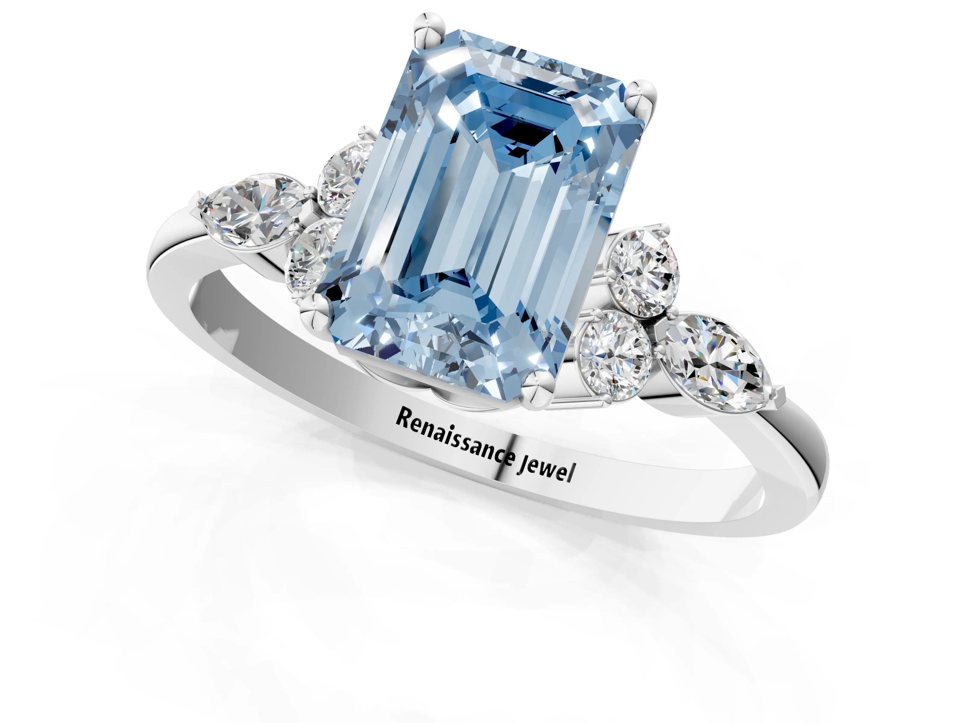 White gold Fancy Blue Emerald Cut Brilliant Diamond Solitaire Ring with Pear Side Stones and Four-Prong Setting_19