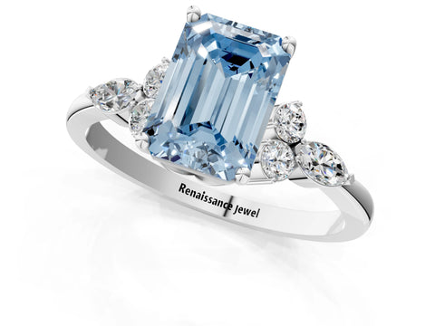White gold Fancy Blue Emerald Cut Brilliant Diamond Solitaire Ring with Pear Side Stones and Four-Prong Setting_19