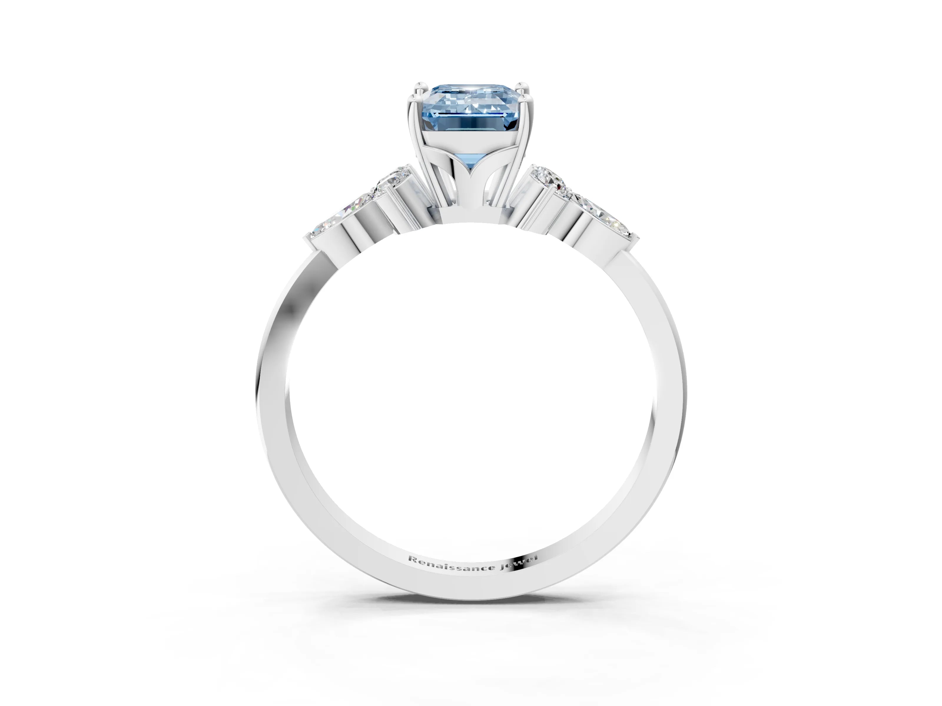 White gold Fancy Blue Emerald Cut Brilliant Diamond Solitaire Ring with Pear Side Stones and Four-Prong Setting_21