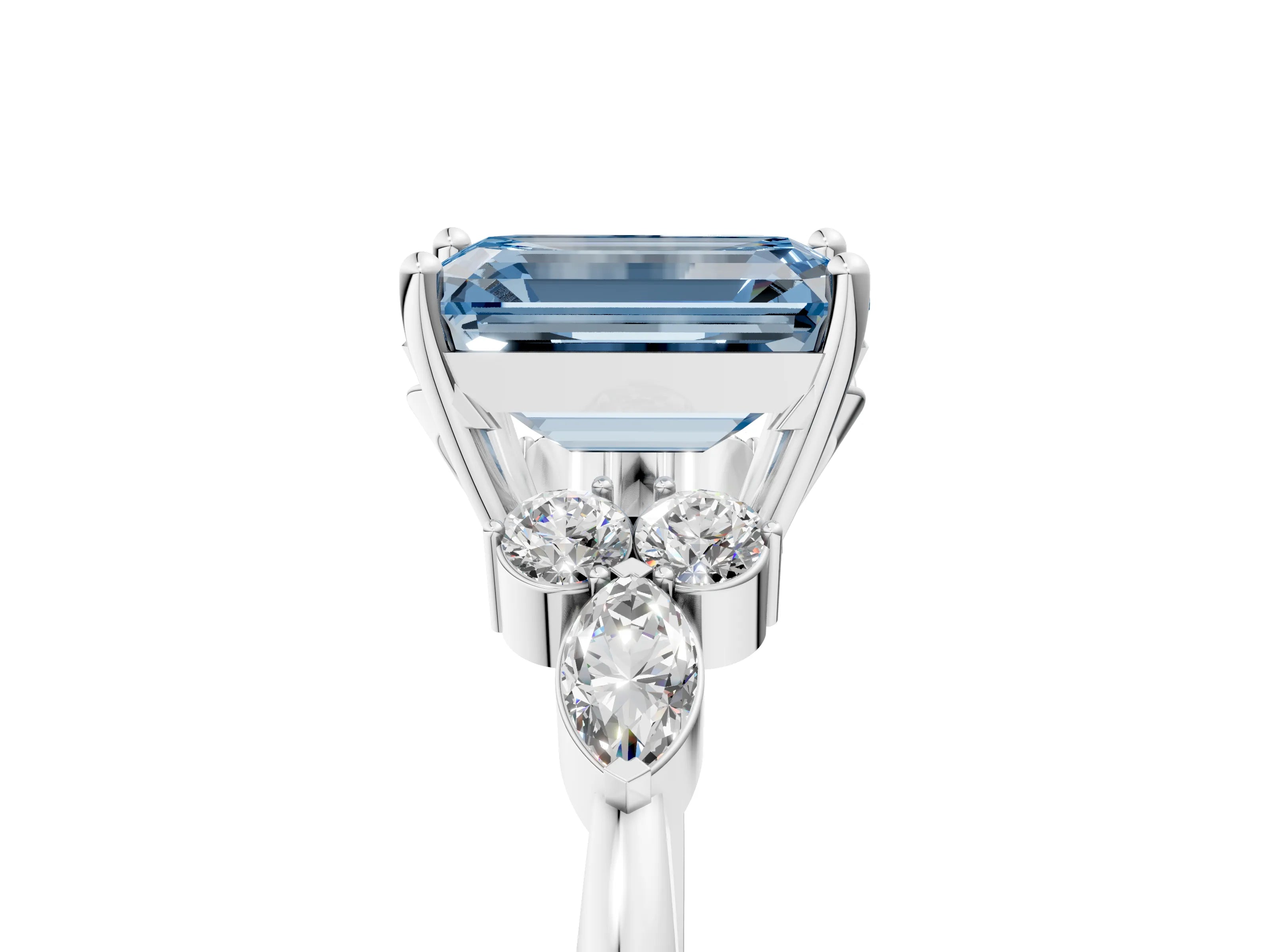 White gold Fancy Blue Emerald Cut Brilliant Diamond Solitaire Ring with Pear Side Stones and Four-Prong Setting_23