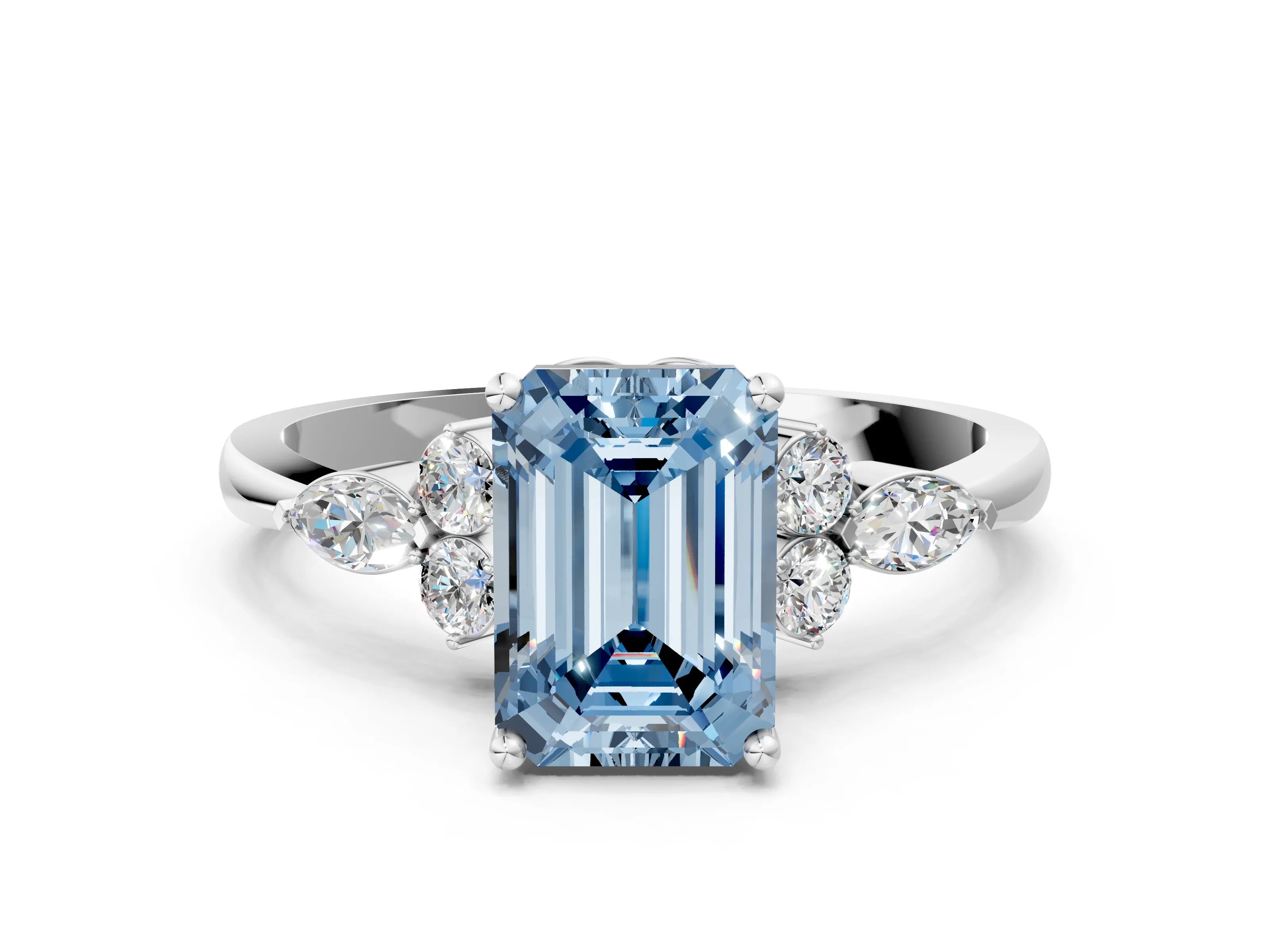 White gold Fancy Blue Emerald Cut Brilliant Diamond Solitaire Ring with Pear Side Stones and Four-Prong Setting_6