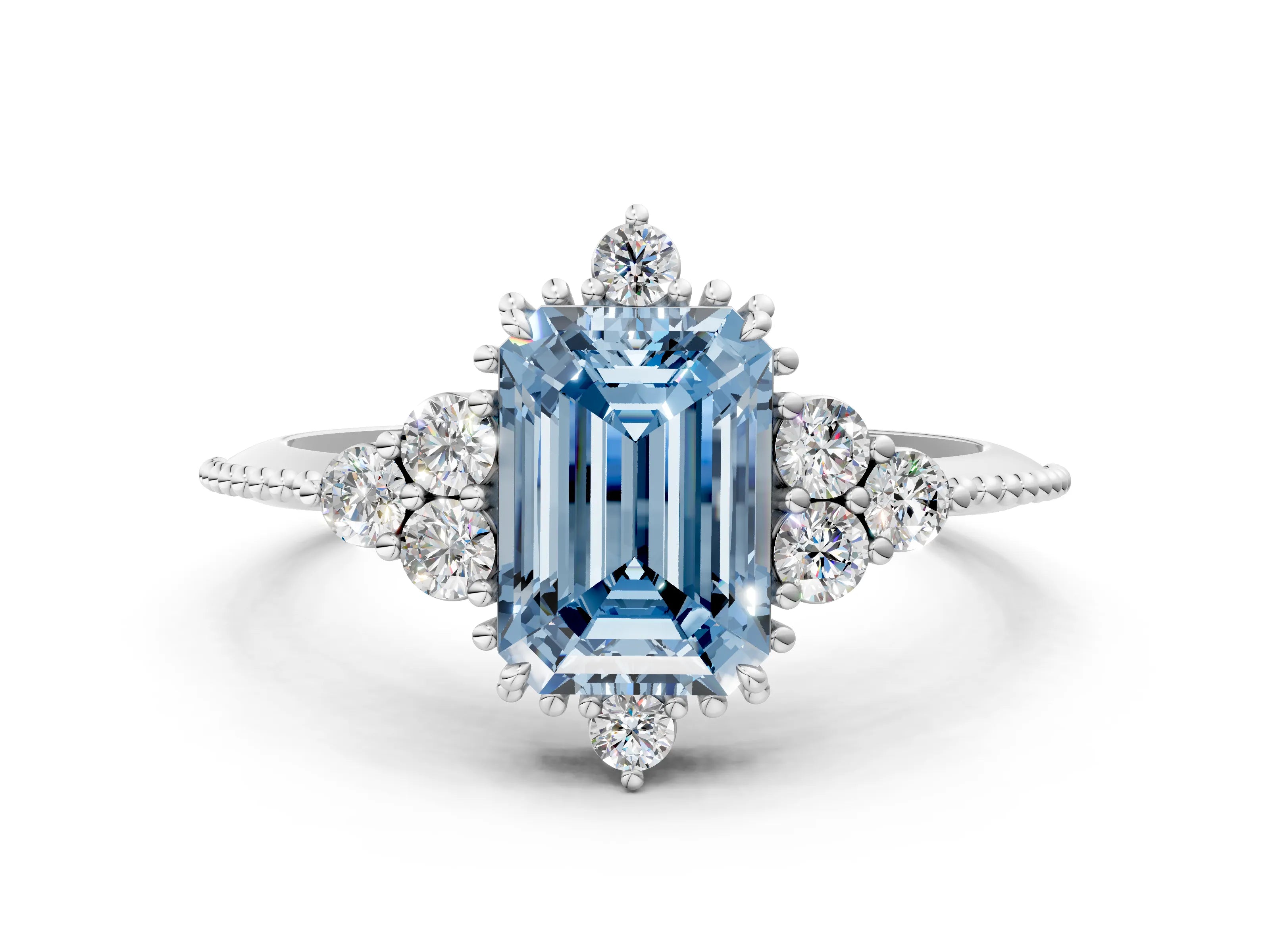 White gold Fancy Blue Emerald Cut Brilliant Diamond with Cluster Setting on a Beaded Band and Four-Prong Setting_24