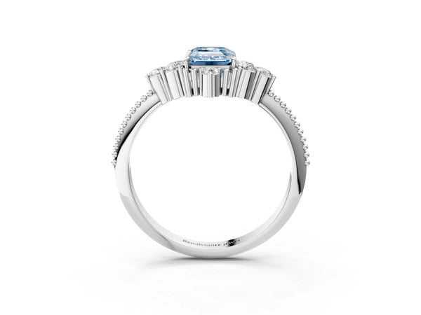 Platinum Fancy Blue Emerald Cut Brilliant Diamond with Cluster Setting on a Beaded Band and Four-Prong Setting