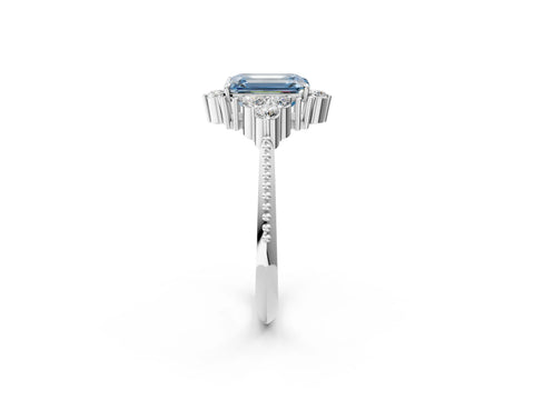 White gold Fancy Blue Emerald Cut Brilliant Diamond with Cluster Setting on a Beaded Band and Four-Prong Setting_2