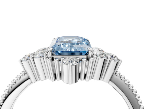 White gold Fancy Blue Emerald Cut Brilliant Diamond with Cluster Setting on a Beaded Band and Four-Prong Setting_4