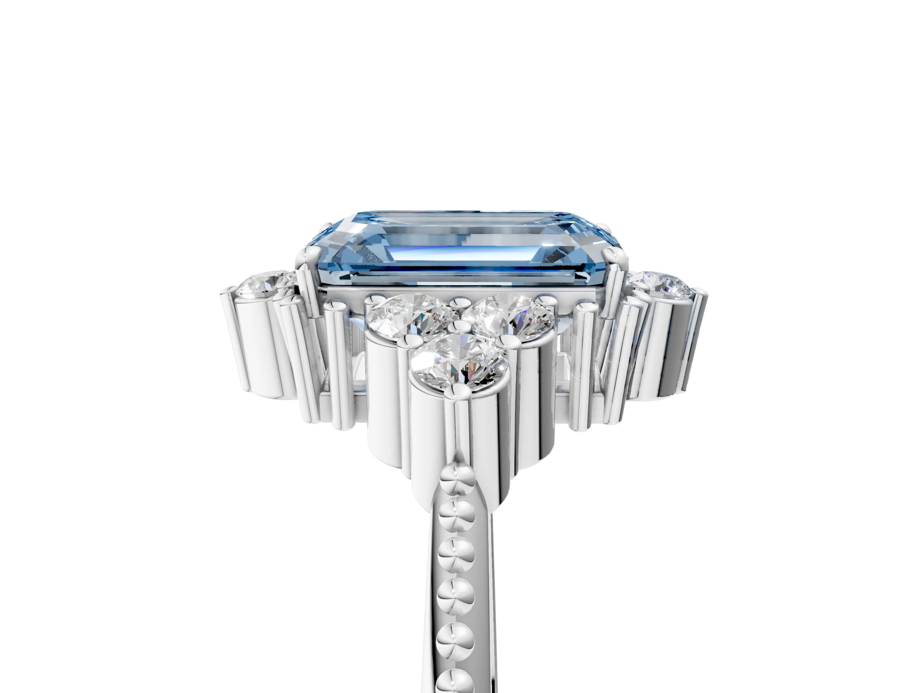 White gold Fancy Blue Emerald Cut Brilliant Diamond with Cluster Setting on a Beaded Band and Four-Prong Setting_5
