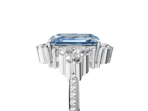 White gold Fancy Blue Emerald Cut Brilliant Diamond with Cluster Setting on a Beaded Band and Four-Prong Setting_5