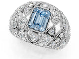 White gold Fancy Blue Emerald Cut Brilliant Halo Pave Diamond Milgrain Ring_1
