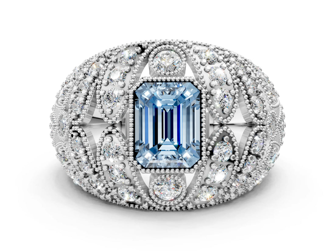 White gold Fancy Blue Emerald Cut Brilliant Halo Pave Diamond Milgrain Ring