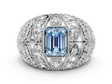 White gold Fancy Blue Emerald Cut Brilliant Halo Pave Diamond Milgrain Ring
