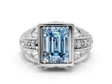 White gold Fancy Blue Emerald Cut Brilliant Milgrain Filigree Diamond Ring with Square Prong Setting
