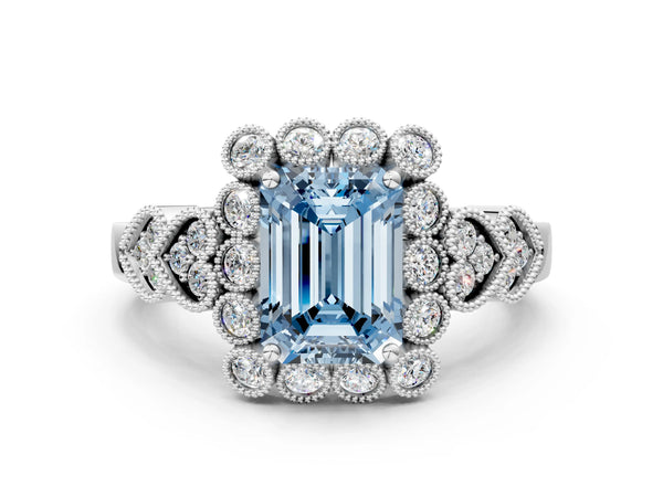 Platinum Fancy Blue Emerald Cut Brilliant Milgrain Pave Heart Band Solitaire Ring
