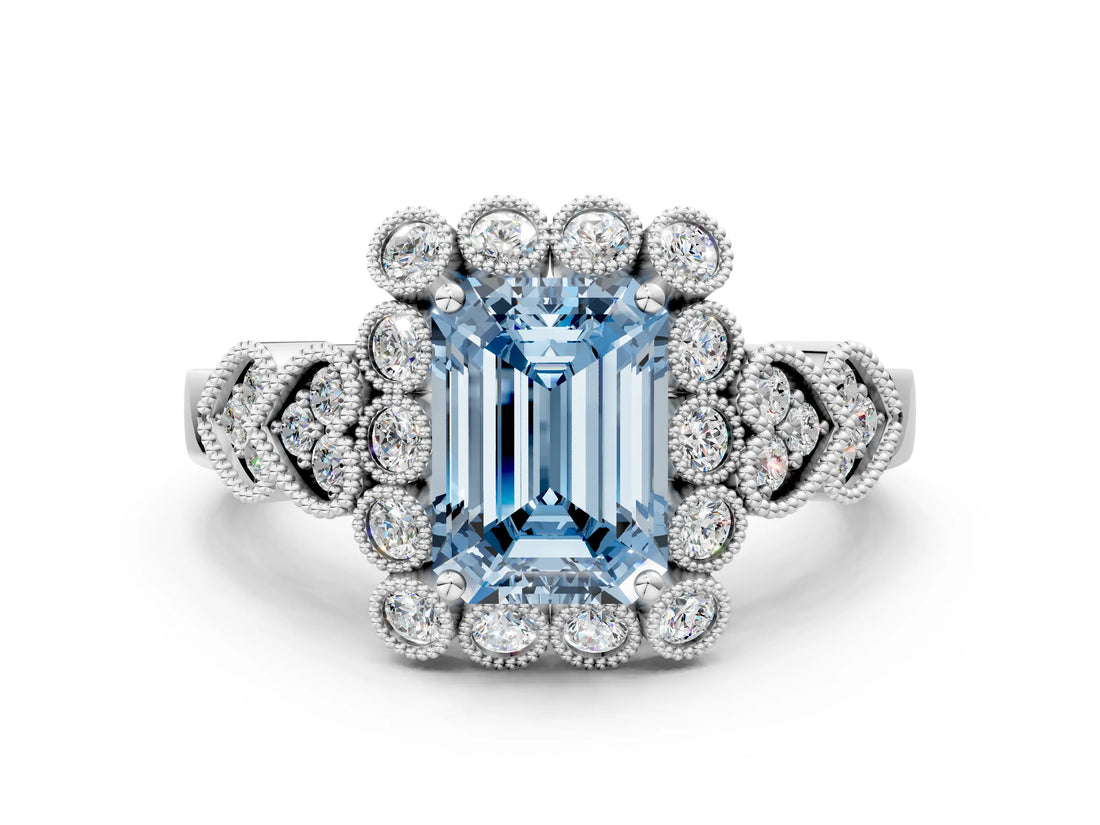 White gold Fancy Blue Emerald Cut Brilliant Milgrain Pave Heart Band Solitaire Ring_12