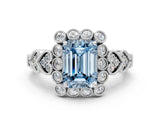 White gold Fancy Blue Emerald Cut Brilliant Milgrain Pave Heart Band Solitaire Ring_12