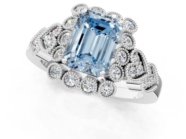 Platinum Fancy Blue Emerald Cut Brilliant Milgrain Pave Heart Band Solitaire Ring