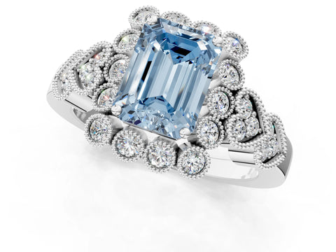 White gold Fancy Blue Emerald Cut Brilliant Milgrain Pave Heart Band Solitaire Ring_13