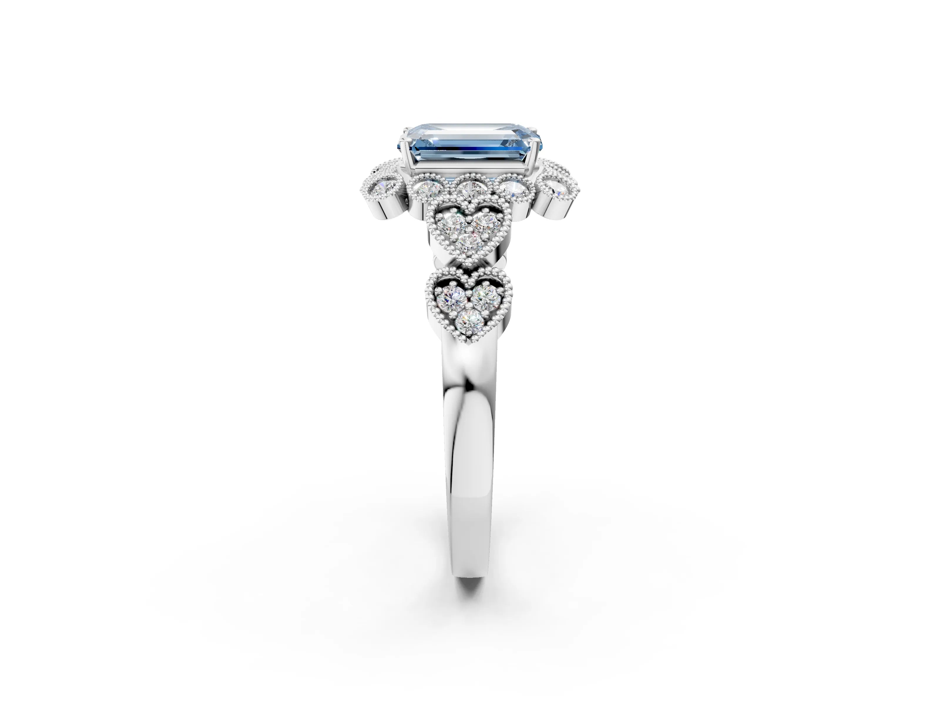 White gold Fancy Blue Emerald Cut Brilliant Milgrain Pave Heart Band Solitaire Ring_14