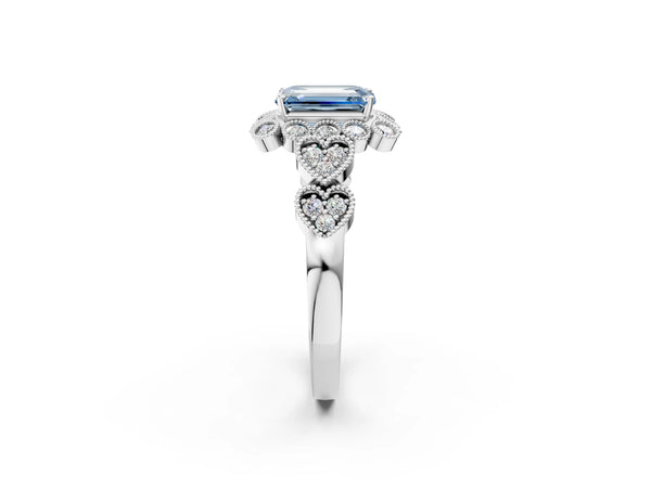 Platinum Fancy Blue Emerald Cut Brilliant Milgrain Pave Heart Band Solitaire Ring